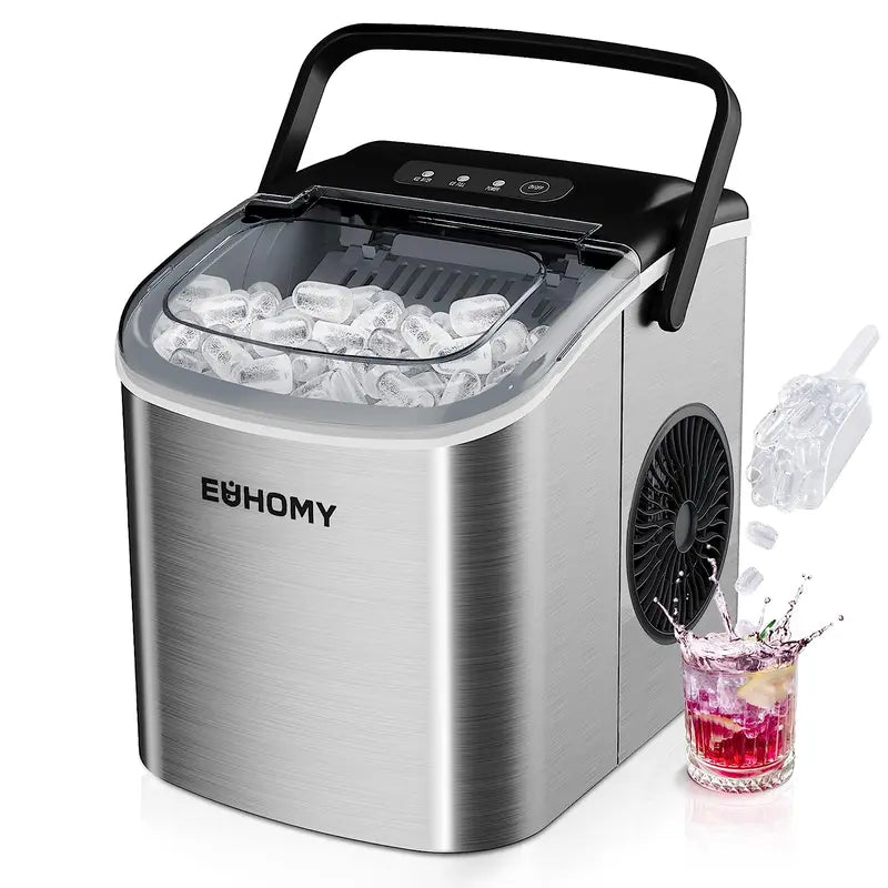 EUHOMY Ice Maker Countertop with Handle, 26Lbs in 24Hrs, 9 Ice Cubes Ready in 6 Mins, Auto-Cleaning Portable Ice Maker with Basket and Scoop, for Home/Kitchen/Camping/Rv. (2024 New Silver) Utensils